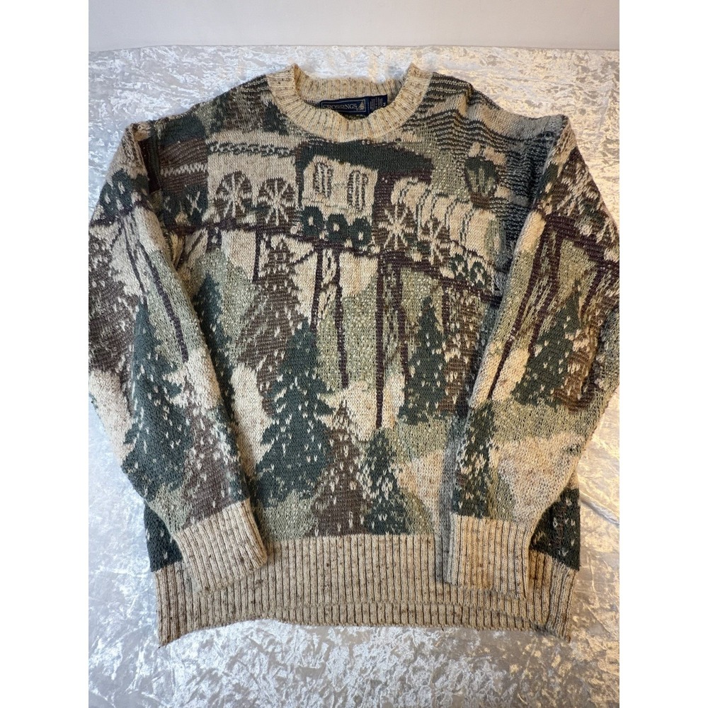 Vintage Crossings Outdoor Scene Sweater Mens M Wagon Cabin Core Knit USA